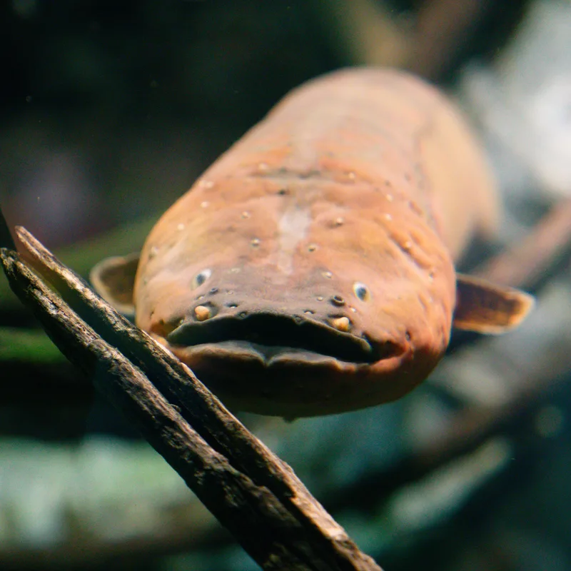 Close-up of a mottled brown catfish facing the camera, barbels visible around its mouth, in dark aquarium water.