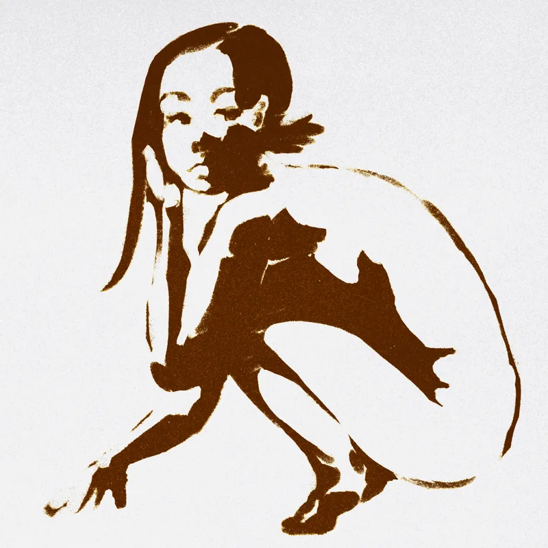 Ink drawing in warm brown on white paper of a long-haired figure crouched low, one hand resting near the ground.