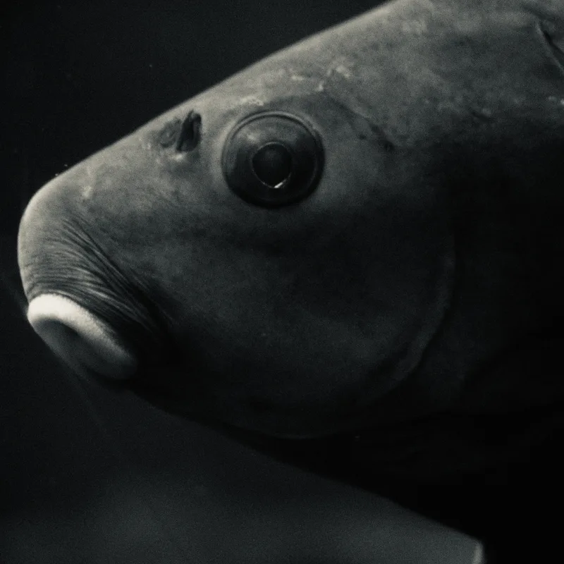 Black-and-white close-up of a fish's head in profile, showing a large round eye and thick, pursed lips.