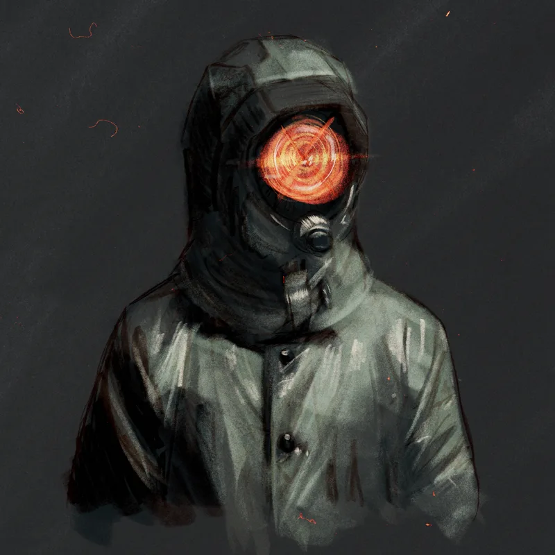 Digital painting of a hooded figure in a gas mask with a single glowing orange-red eye, painted in loose grey and black strokes.