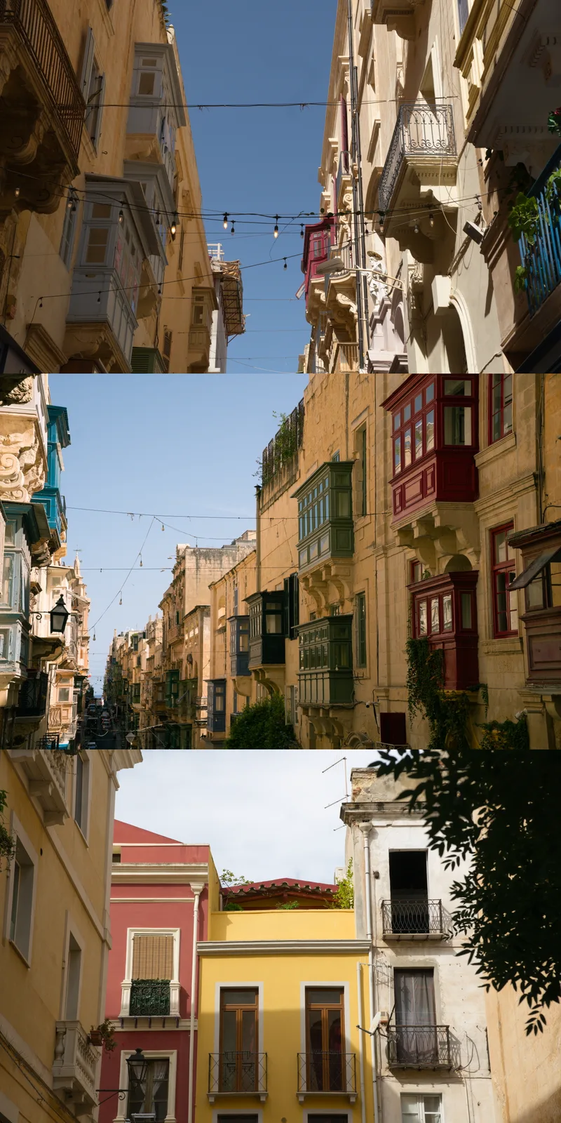 Vertical triptych of narrow Mediterranean street scenes with wrought-iron balconies, laundry lines, and pastel stone buildings.