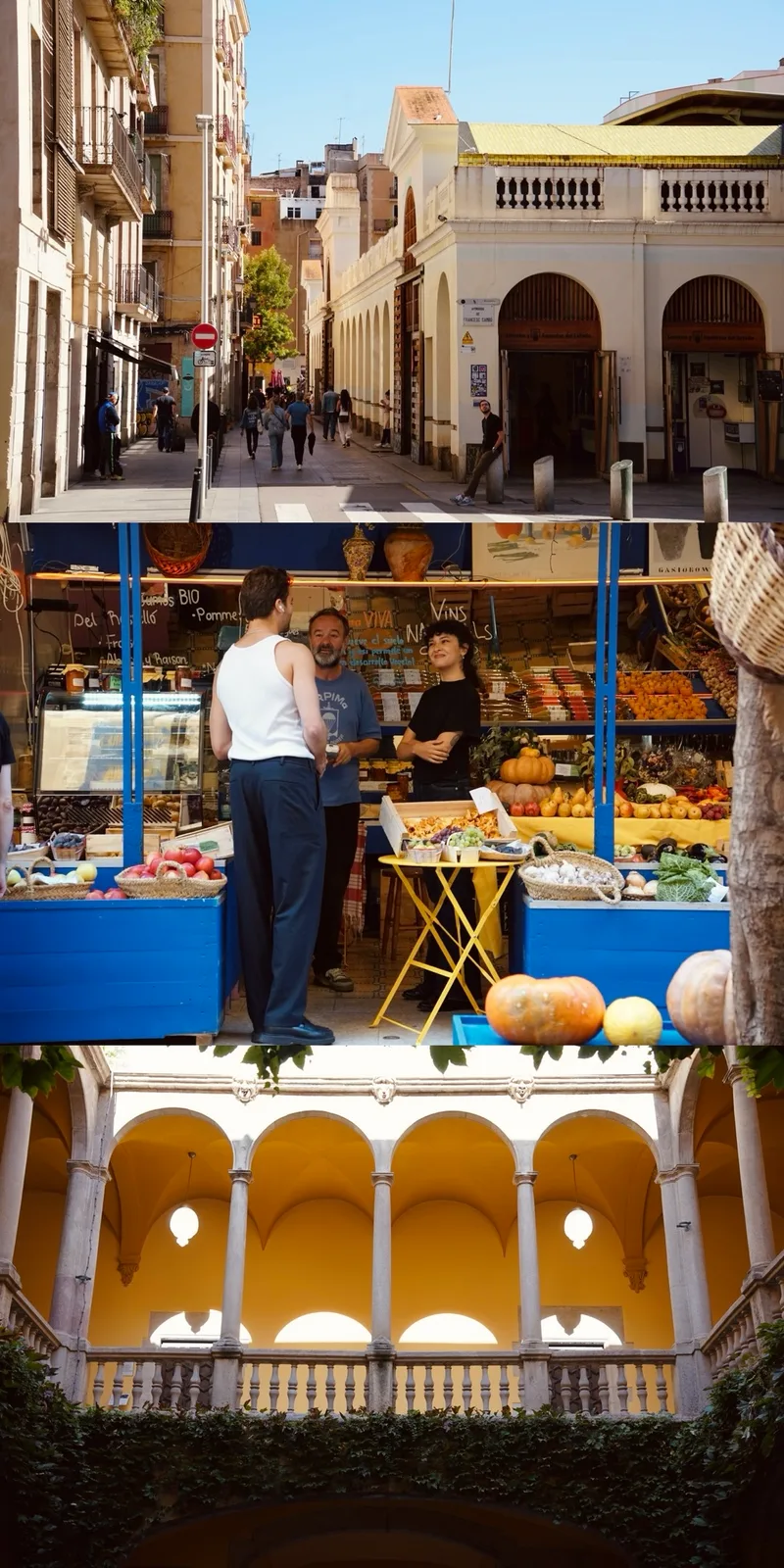 Vertical triptych of a Mediterranean town: a sunlit street, a blue market stall piled with fruit, and a shadowed arcade of arched doorways.