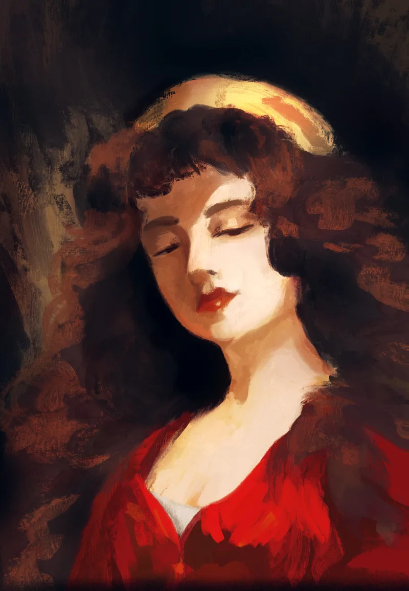 Digital painting of a woman with dark red hair and closed eyes, her head tilted down, wearing a red dress against a dark background.