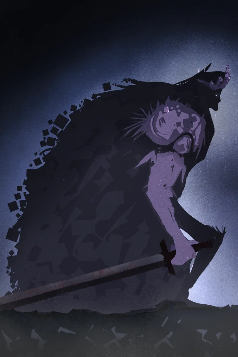 Moody digital painting of a dark hooded warrior silhouetted against a deep blue night, gripping a long sword across the bottom of the frame.