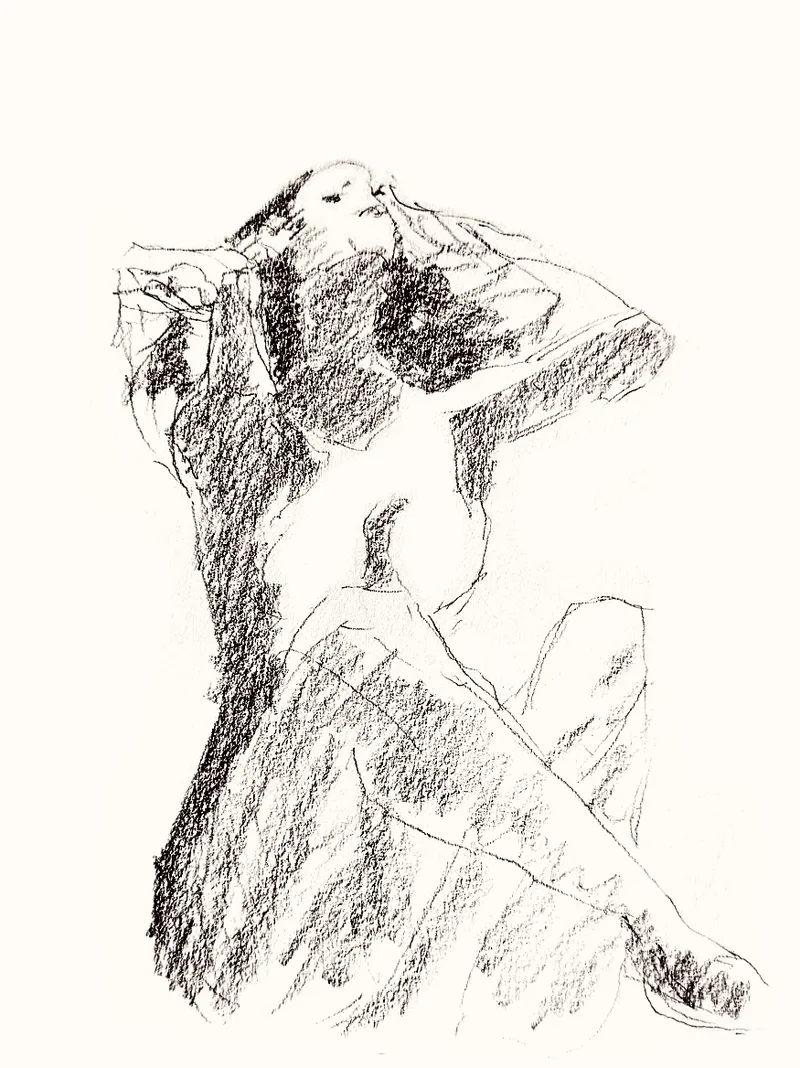 Loose pencil sketch of a seated figure with one arm raised behind the head and a long dress gathered around the legs.