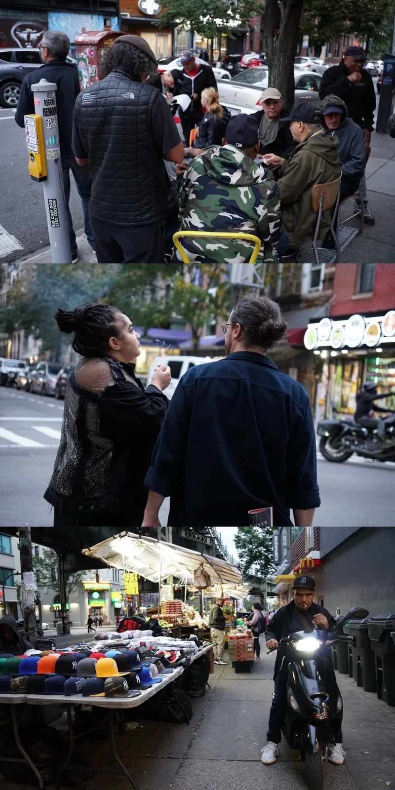 Vertical triptych of city street scenes with people gathered at a food cart, two figures crossing a road, and a vendor selling hats beside a scooter.