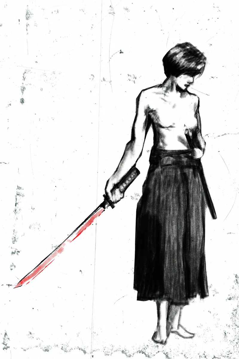 Ink drawing of a bare-chested swordswoman in a long black skirt, holding a katana whose blade is streaked with red.